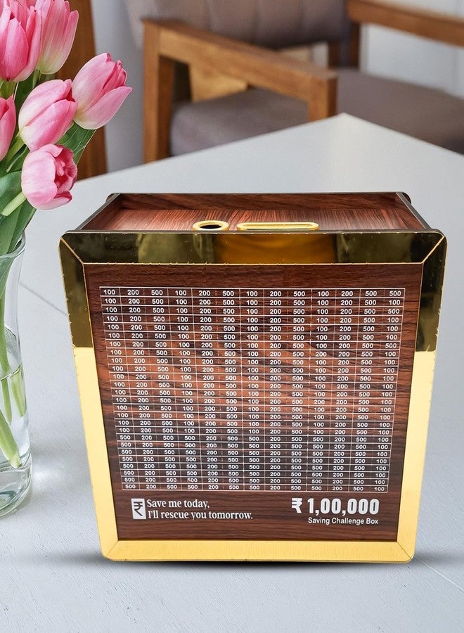 Tulflex Wooden Money Piggy Bank, Money Saving Box, Gullak with Savings Chart, 100000 Rupees Goal Tracker, Cash Collection Bank for Kids and Adults (1 PSc) (Woden+Golden) - Image 1